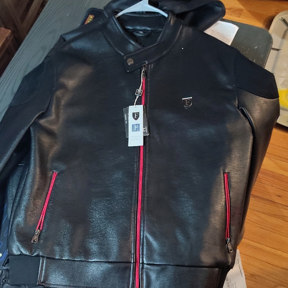 Black Bomber Jacket with Red Accents Leather